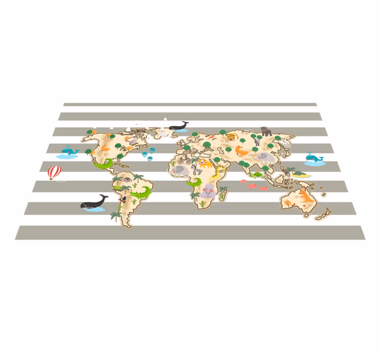 Alfombra vinílica mapamundi ilustración colorida de animales - TenVinilo