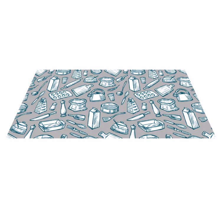 Alfombra vinílica cocina diseño utensilios de cocina - TenVinilo