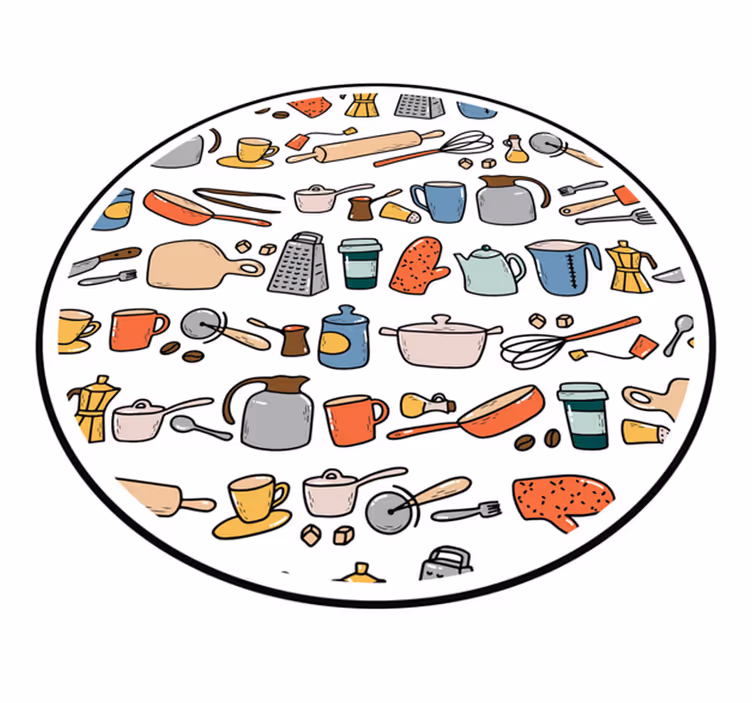 Alfombra vinilo cocina Utensilios de colores sobre fondo blanco. - TenVinilo