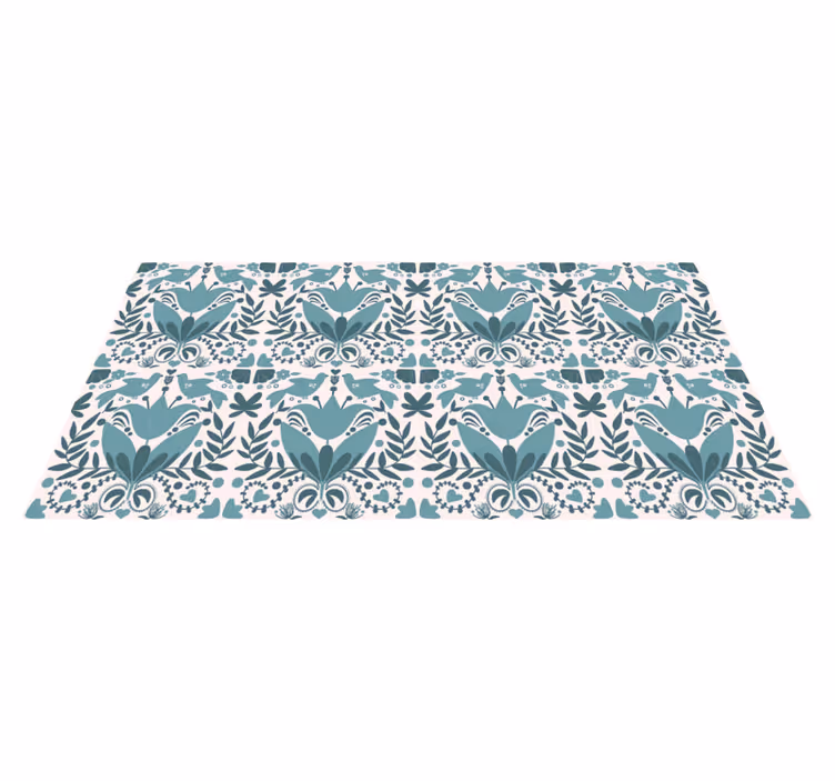Alfombra vinílica flores arte popular azul con pájaros - TenVinilo