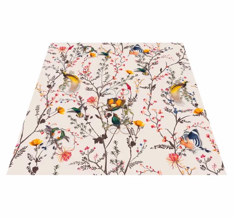 Alfombra vinílica flores patrón de pájaro botánico - TenVinilo