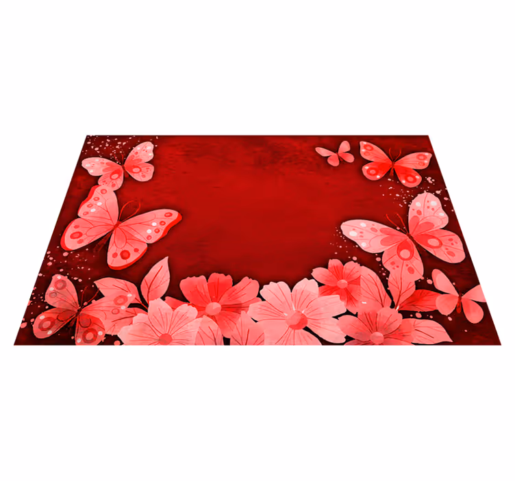 Alfombra vinílica roja diseño de flores y mariposas - TenVinilo