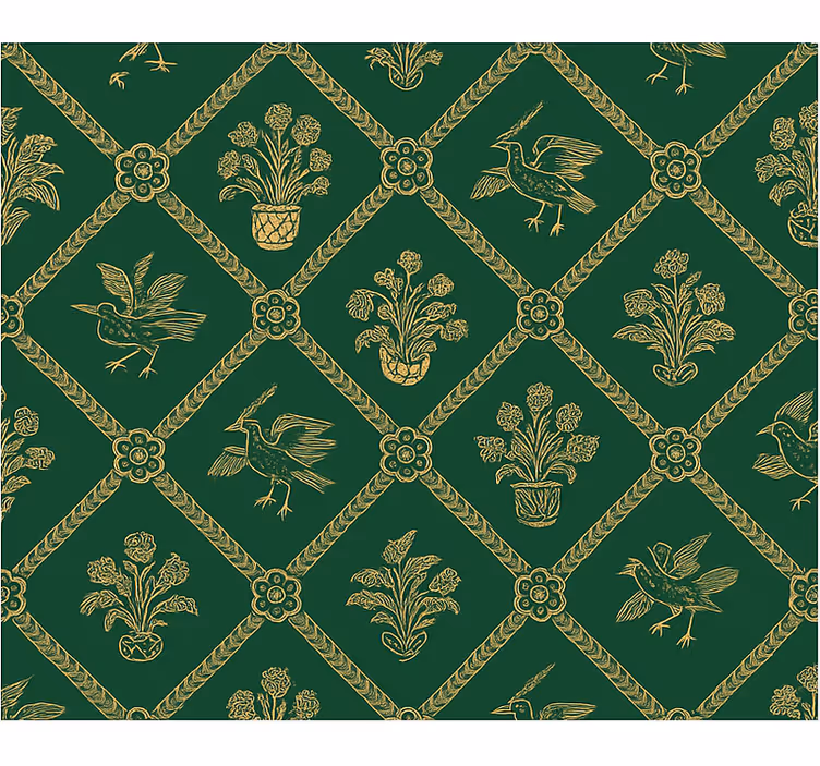 Papel tapiz recámara matrimonial patrón elegante verde y oro - TenVinilo