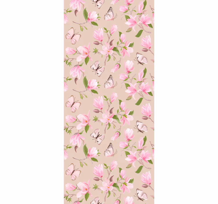 Papel tapiz floral diseño de magnolia rosa y mariposa - TenVinilo