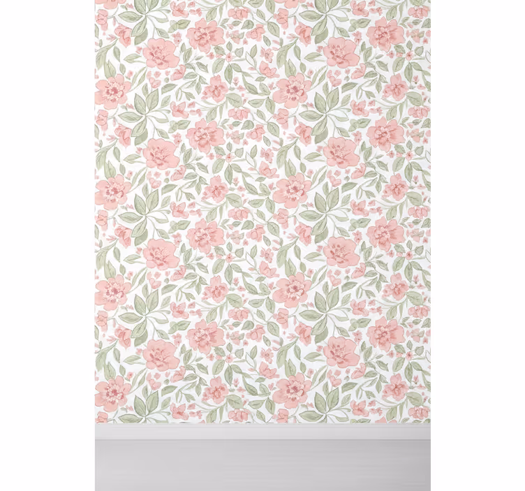 Papel tapiz hojas flores rosa claro y crema - TenVinilo
