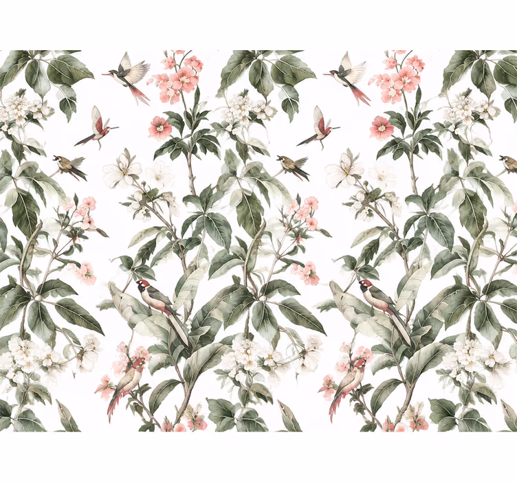 Papel tapiz hojas flores rosas y blancas - TenVinilo