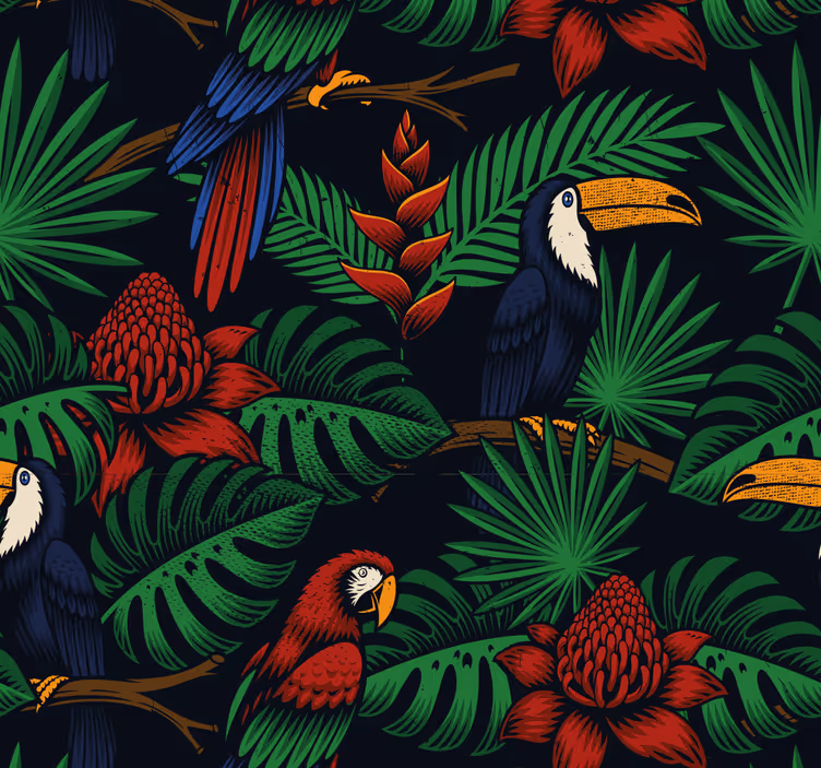 Papel pintado animal Loros plantas selva oscura - TenVinilo