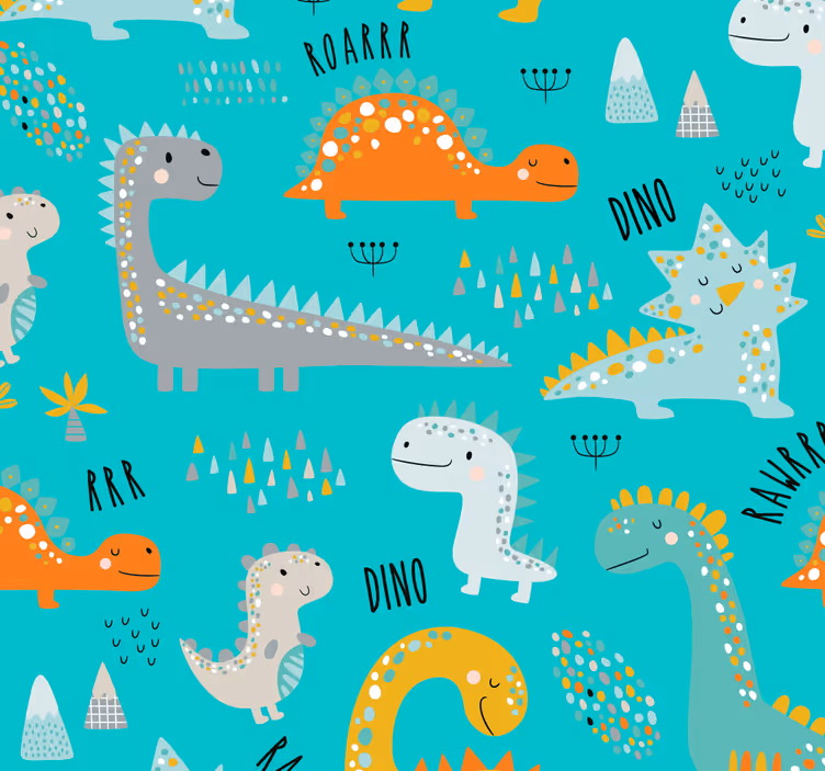 Papel pintado bebe Dinosaurios con texto rugido. - TenVinilo