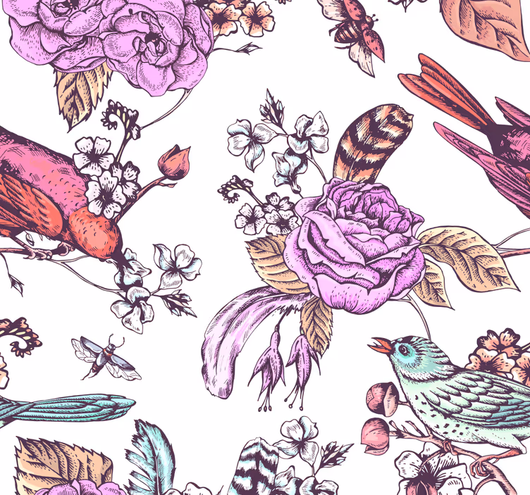 Papel pintado flores pájaros en ramas - TenVinilo