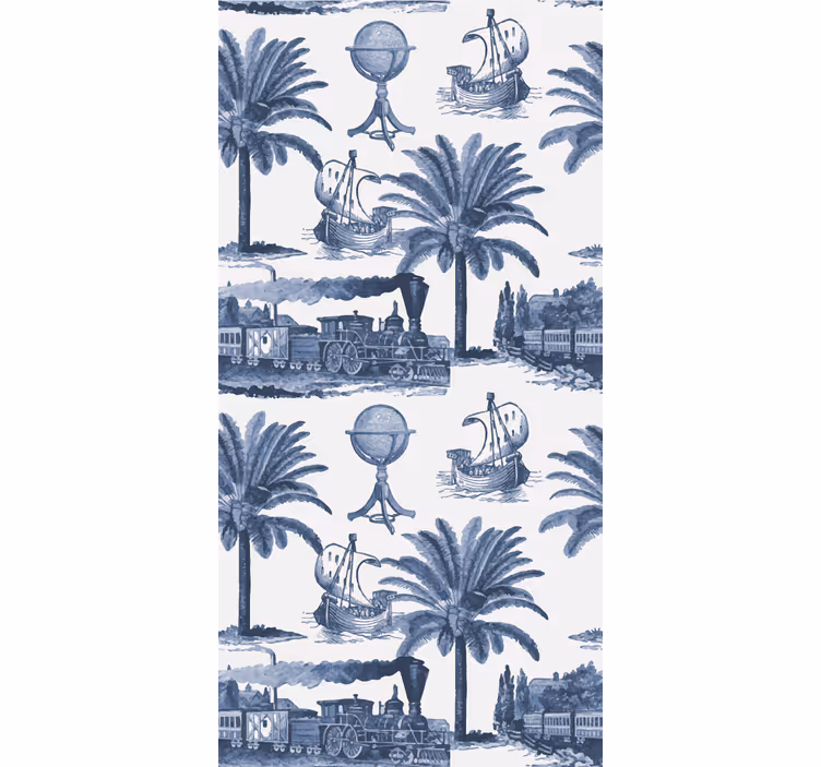 Papel tapiz barroco palmeras y trenes azules - TenVinilo