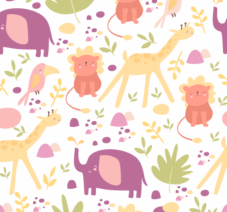 Papel tapiz bebé animales felices en colores pastel - TenVinilo