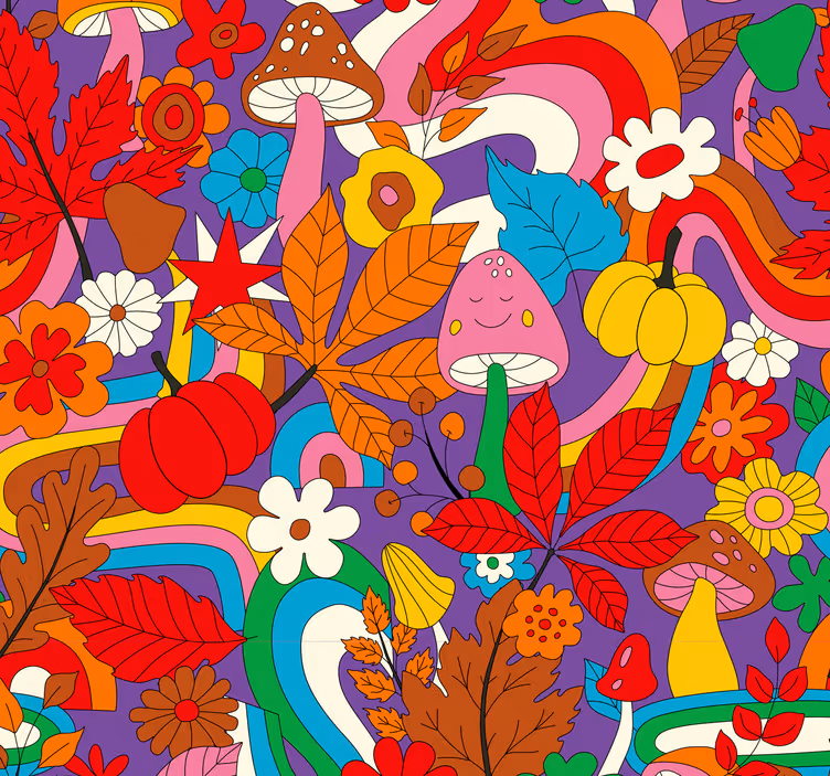 papel pintado de flores patrón psicodélico colorido retro - TenVinilo