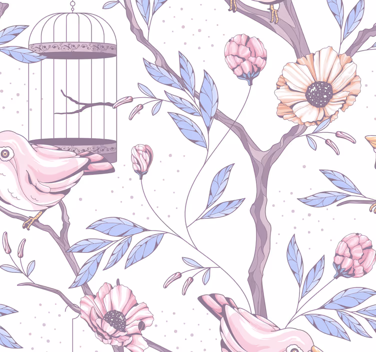 Papel pintado romántico troncos con pájaros - TenVinilo