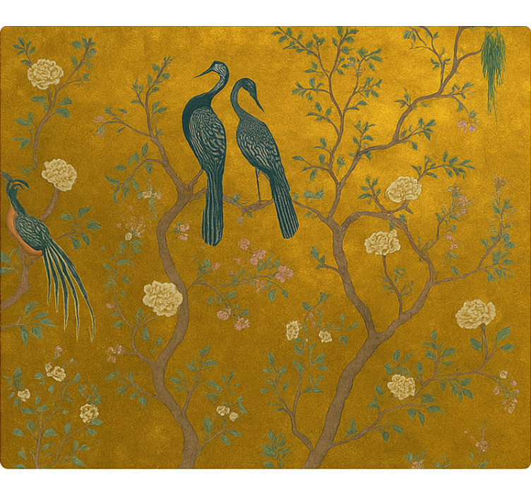 Cortina roller living comedor chinoiserie dorada adornada - TenVinilo