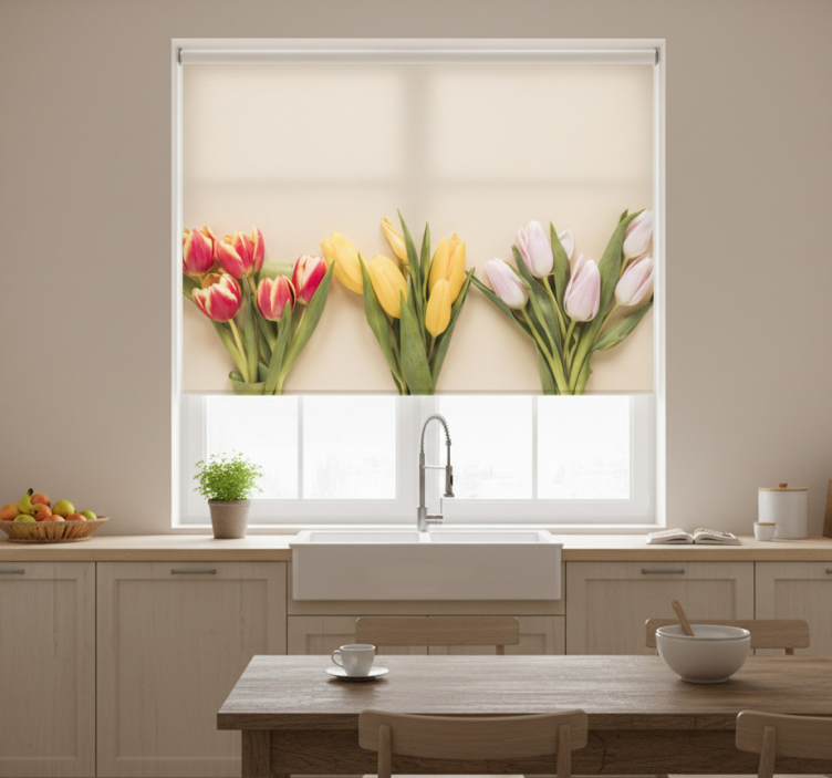 Cortina roller cocina tres colores de flores - TenVinilo