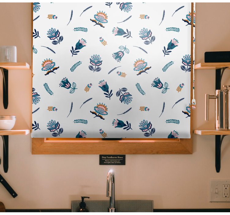 Cortina roller floral motivo de arte popular azul - TenVinilo