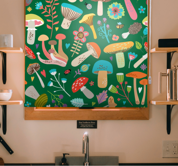 Cortina roller flores vibrante motivo de hongo - TenVinilo