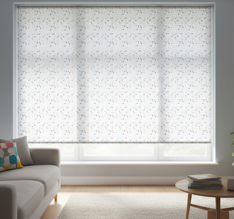 Cortina roller gris estilo nórdico con puntos de colores - TenVinilo