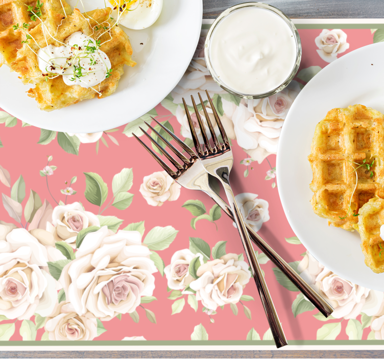 Mantel individual original Rosas blancas vintage fondo rosa - TenVinilo