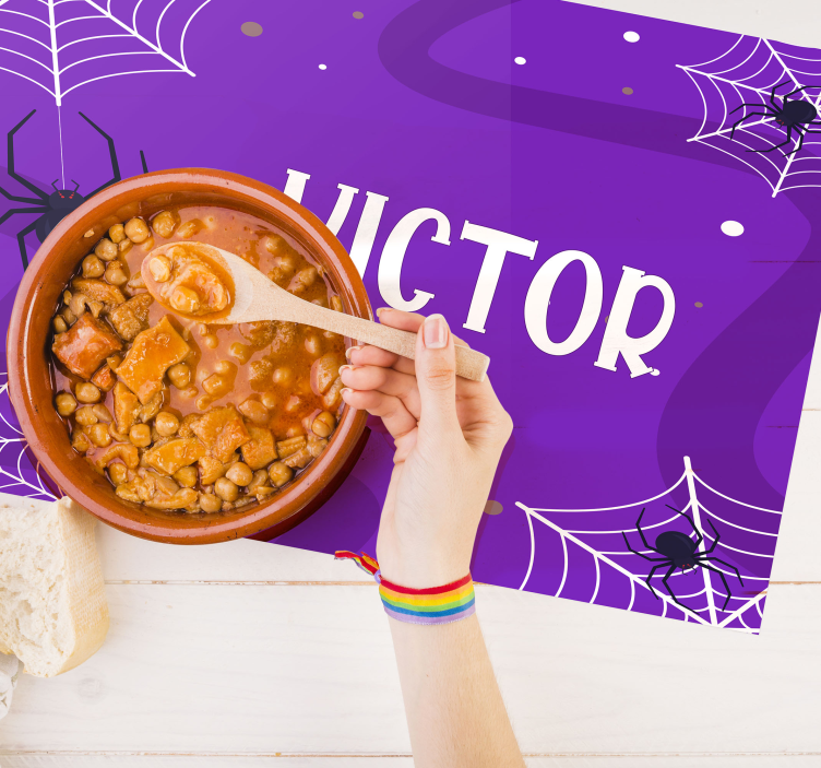 Mantel individual infantil con telarañas y nombre - TenVinilo