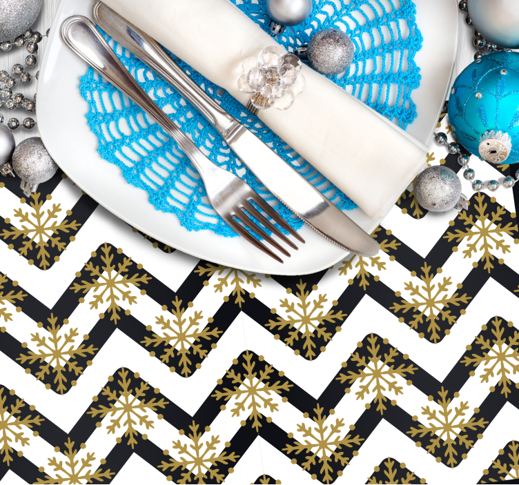 Mantel individual navideño Copos de nieve dorados sobre rayas en  - TenVinilo