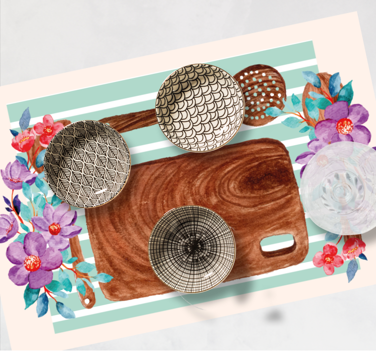 Mantel individual patrón Utensilios de madera con flores. - TenVinilo