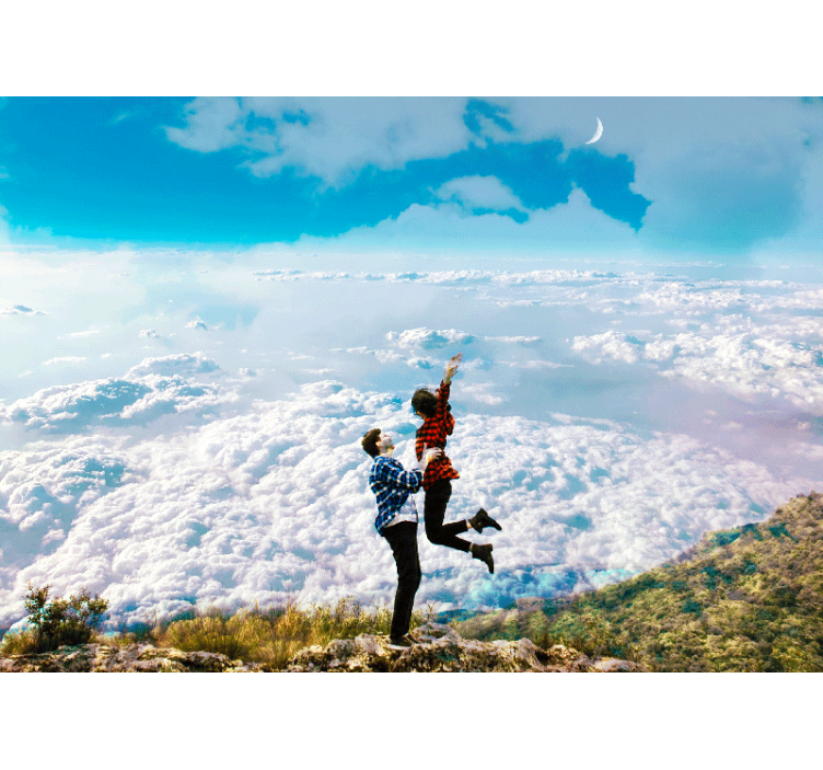 Mural de amor abrazo alegre por encima de las nubes - TenVinilo