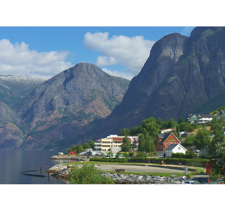 Mural de paisajes casas con vista a la montaña - TenVinilo
