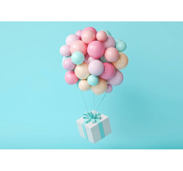 Mural infantil Globos 3d y caja presente. - TenVinilo