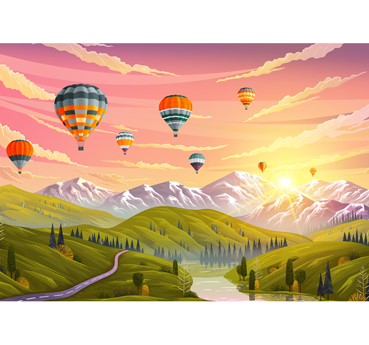 Mural infantil Coloridos globos aerostáticos en la montaña - TenVinilo