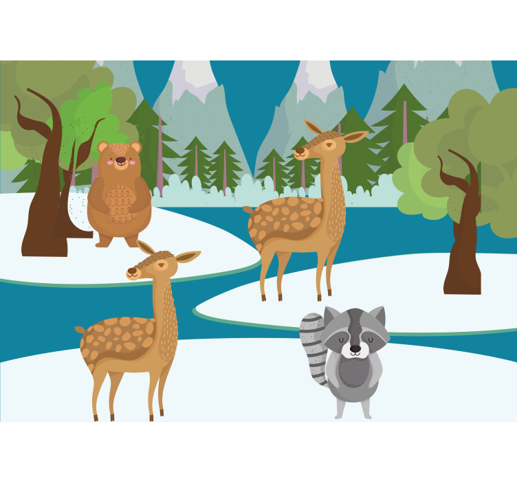 Mural infantil escena de animales del bosque dibujada - TenVinilo