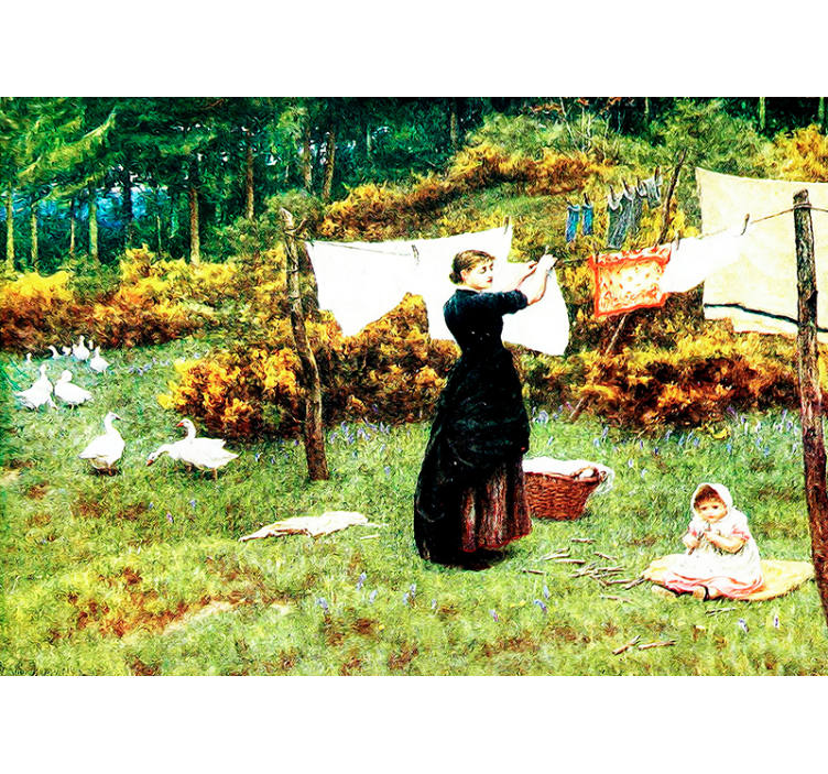 Mural arte clásico mujer colgando ropa - TenVinilo