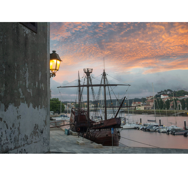 Mural ciudad puerto histórico de barcos - TenVinilo