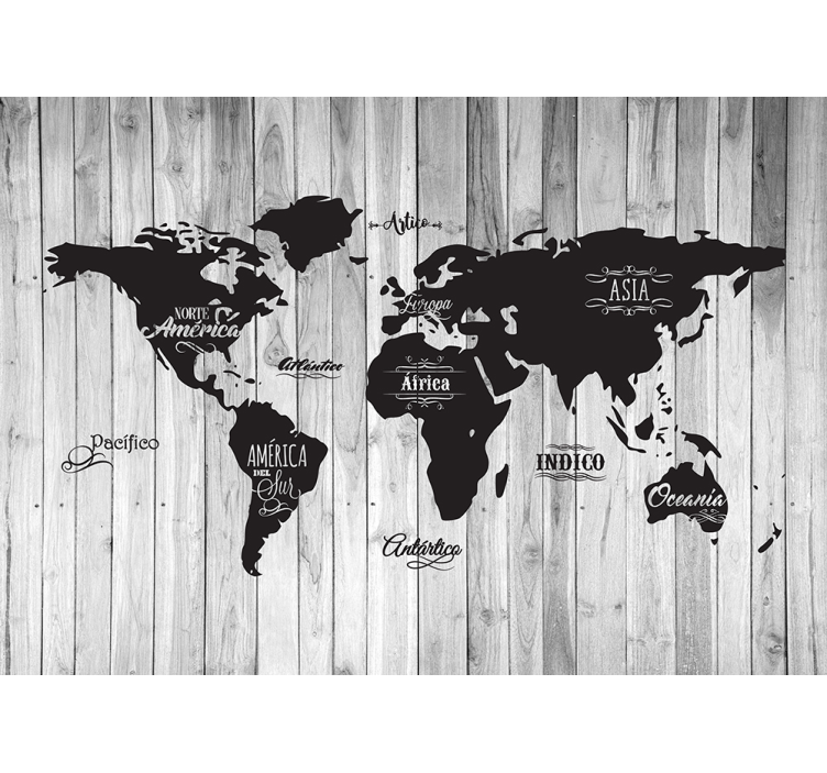 Mural mapamundi negro sobre madera gris - TenVinilo