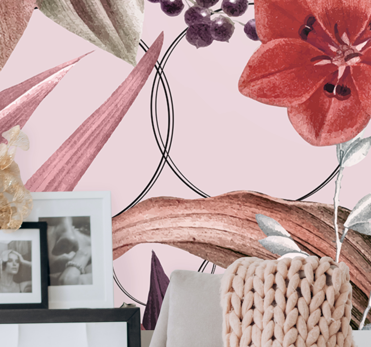 Fotomural 3D Flores blancas con círculos negros - TenVinilo