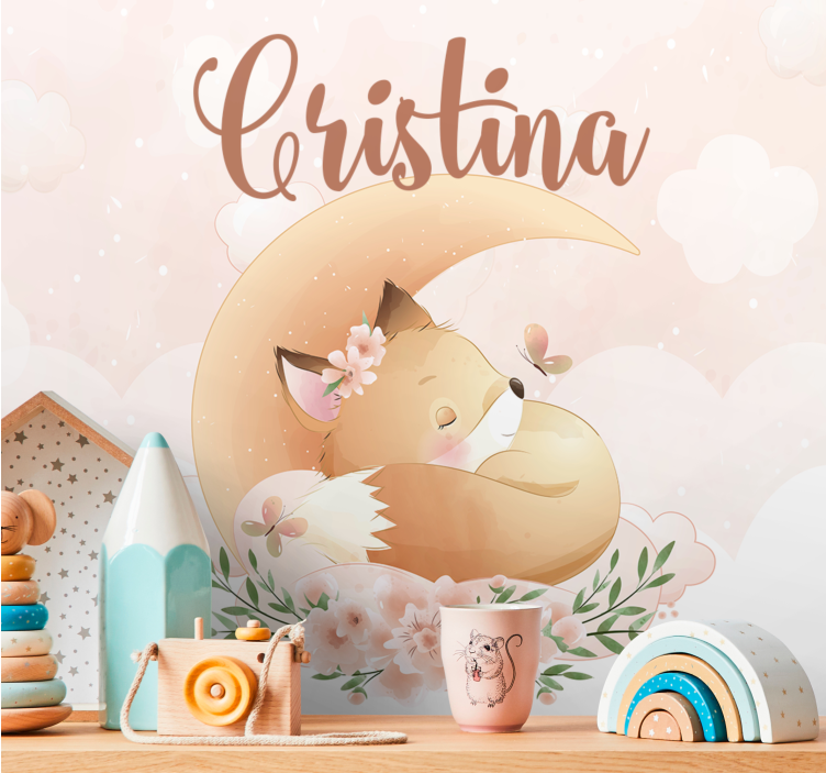 Fotomural para bebés Lindo zorro para niña con nombre - TenVinilo