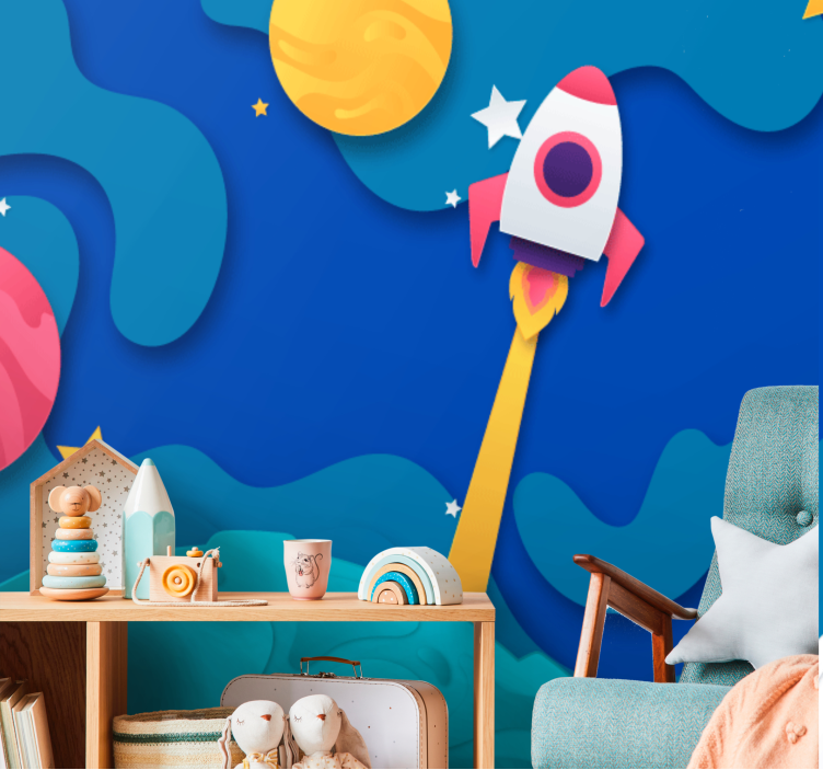 Mural infantil Galaxia con planetas estilo papel - TenVinilo