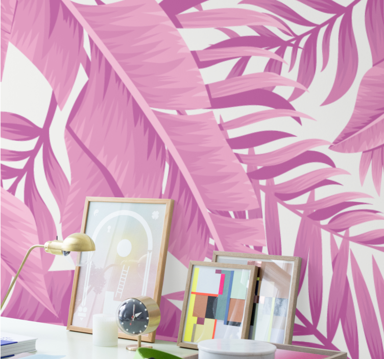 Mural para salón Hojas de palmera rosa tropical - TenVinilo