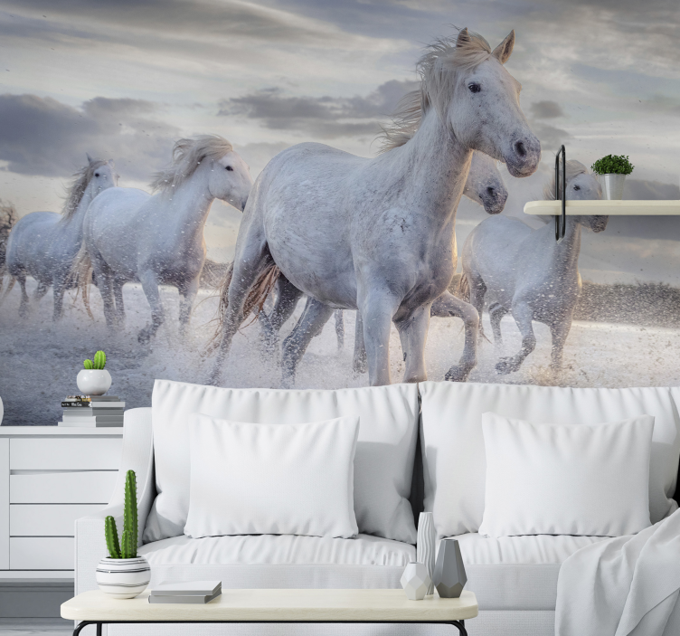 Mural de animales caballos blancos en carrera - TenVinilo