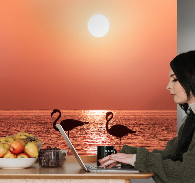 Mural de animales escena de flamencos al atardecer - TenVinilo