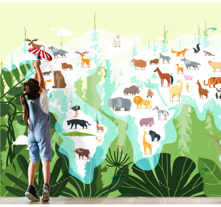 Mural de animales mapa del mundo animal - TenVinilo