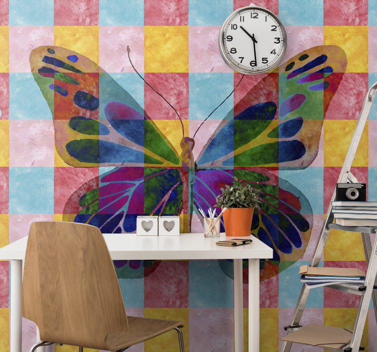 Mural de flores con patrón de mariposas coloridas - TenVinilo