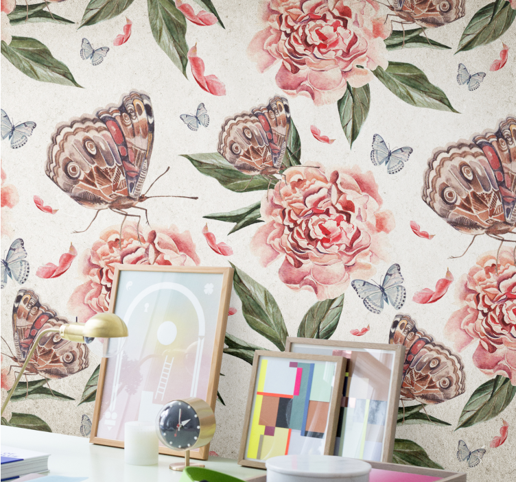 Mural de flores mariposas y peonías - TenVinilo