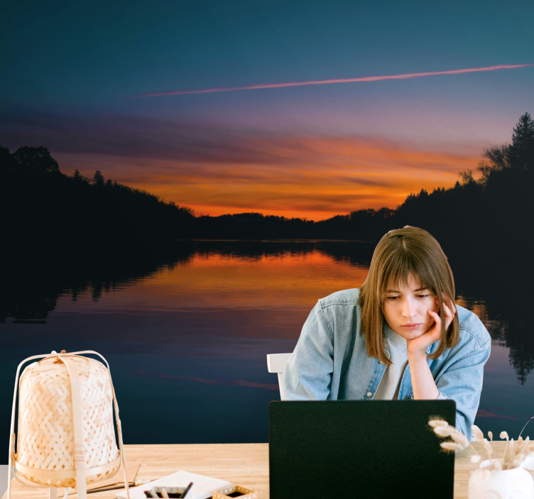 Mural de paisajes atardecer en lago sereno - TenVinilo