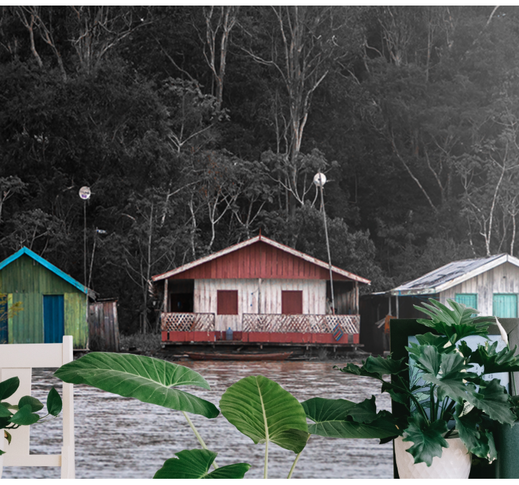 Mural de paisajes casas de río de colores - TenVinilo