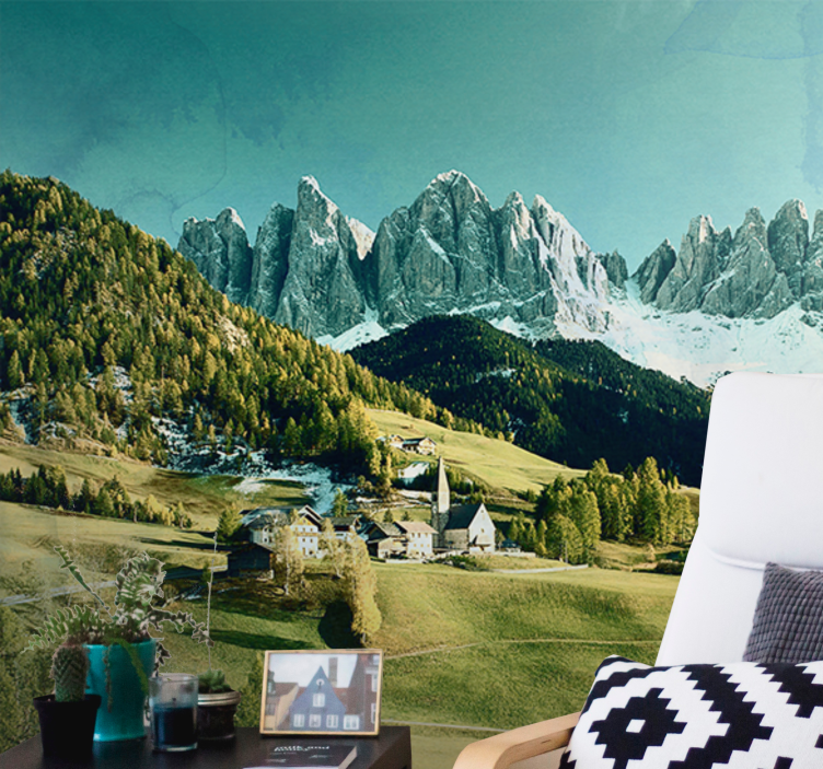 Mural de paisajes paisaje de pueblo en montaña - TenVinilo