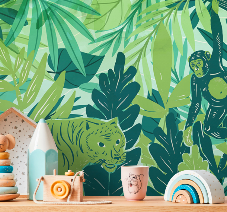Mural de selva aventura de animales tropicales - TenVinilo