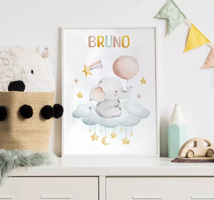 Poster dormitorio infantil elefante en una nube - TenVinilo