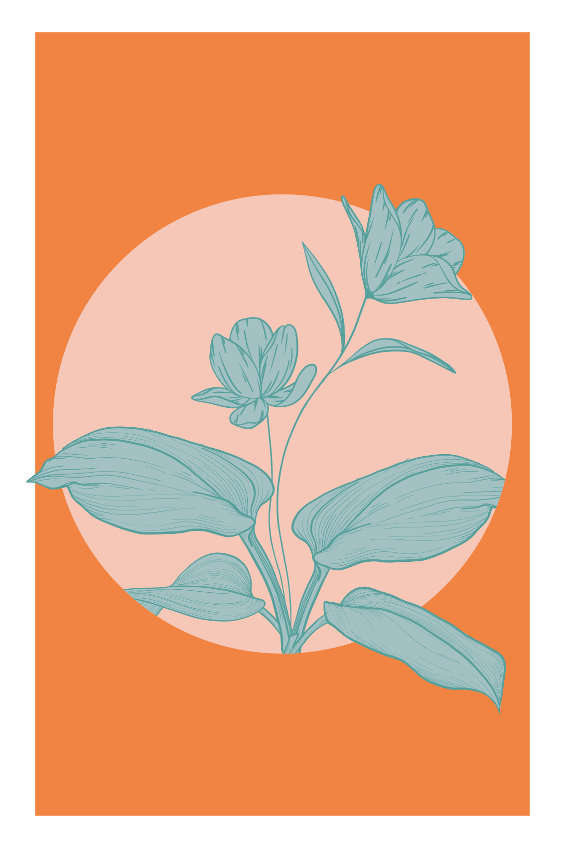 Poster salón flores azules sobre formas naranjas - TenVinilo