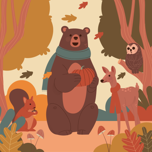 Poster dormitorio infantil animales felices en otoño - TenVinilo